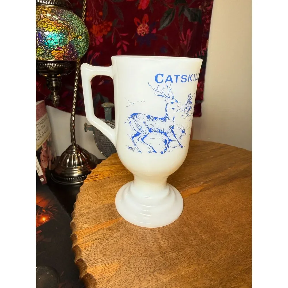 Rare Vintage Embossed CATSKILL GAME FARM NY Milk Glass Pedestal Mug
